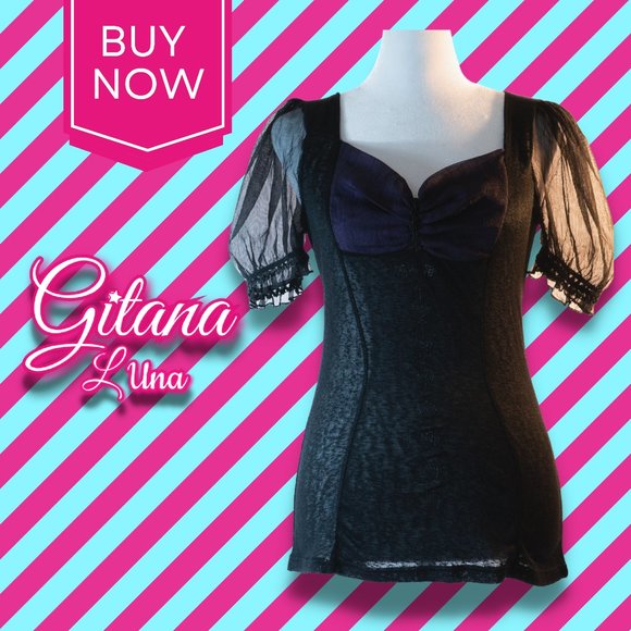 Neo-Victorian and Romantic Gothic women`s black and purple short-sleeved top - Picture 2 of 6